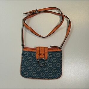 GUESS G by Guess Denim Shoulder Bag Orange Ostrich Embossed Strap Vintage